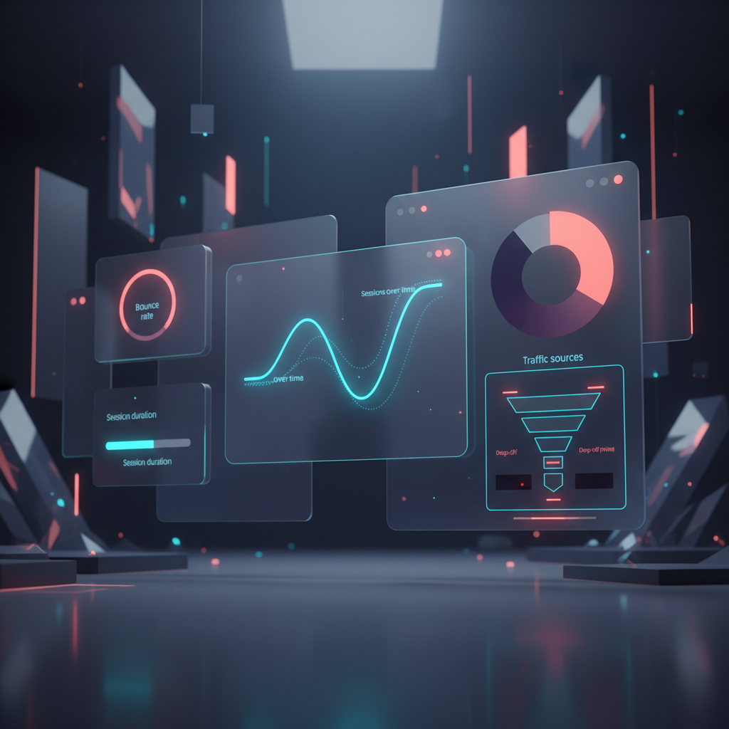 A modern digital analytics dashboard in a sleek UI: real-time line chart of sessions over time, pie chart of traffic sources, conversion funnel highlighting drop-off points, and KPI widgets for bounce rate and session duration (inspired by Google Analytics 4).