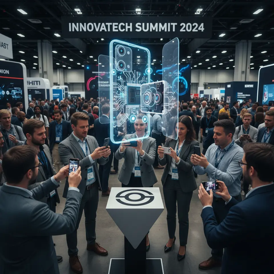 Product Launches and Demonstrations – A busy tech conference scene where attendees use smartphones to scan branded AR markers, instantly revealing a floating 3D model of a new smartphone. The model peels away its outer shell to showcase internal components, while interactive hotspots light up as users tap and swipe to explore virtual camera features.