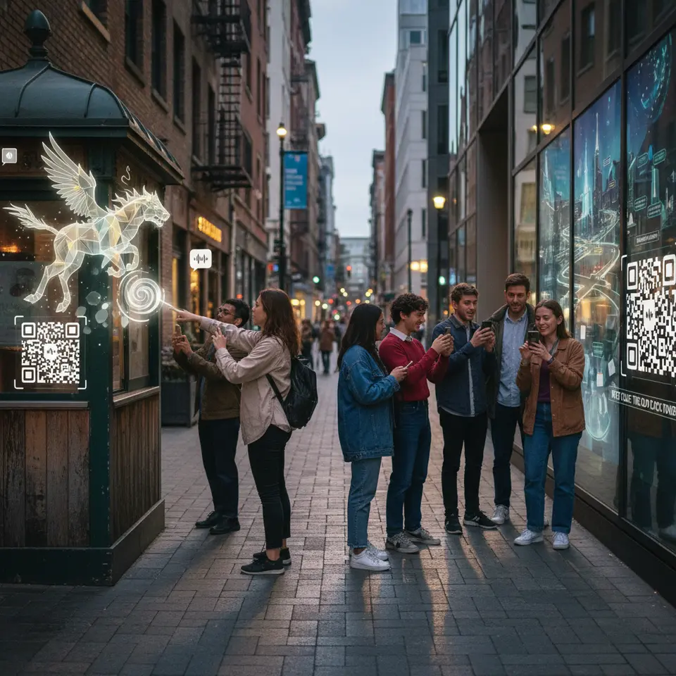 Location-Based Activations – An urban streetscape with passersby scanning QR codes on park kiosks and building walls to trigger vibrant AR murals. The murals animate into 3D street art, complete with voice-over testimonials and interactive hotspots that guide participants through a scavenger-hunt style storytelling experience.
