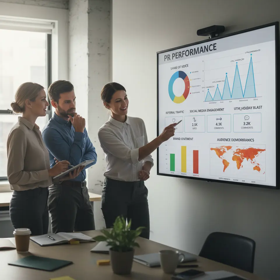 A dynamic PR performance dashboard showing: a Share of Voice pie chart comparing your brand vs competitors; a Referral Traffic line graph annotated with UTM-tagged campaign spikes; Social Media Engagement widgets displaying likes, shares, and comments; a Brand Sentiment bar chart (positive, neutral, negative); and an Audience Demographics heat map (age, location).