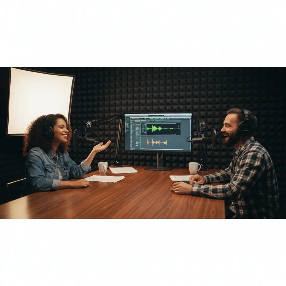 Recording Best Practices: A professional podcast recording setup showing a host and guest at a desk with condenser microphones on adjustable arms, pop filters, studio headphones, acoustic foam panels on the walls, and a computer screen displaying separate audio tracks and live sound meters.
