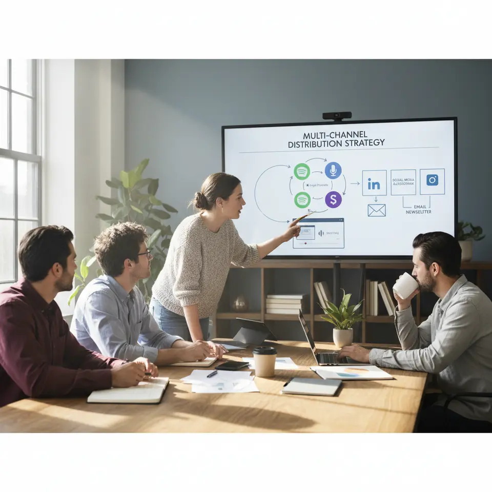 Multi-Channel Distribution Strategy: A visual diagram of podcast distribution channels featuring platform icons (Apple Podcasts, Spotify, Google Podcasts, Stitcher), an embedded player on a blog page, social media audiogram snippets for LinkedIn, Twitter, and Instagram, and an email newsletter graphic all connected by arrows.