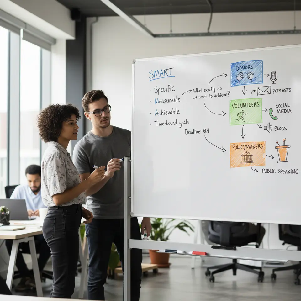 An infographic-style whiteboard scene illustrating ‘Setting Clear Objectives and Understanding Your Audience’: a SMART goals chart on one side, with colorful audience persona cards (icons for donors, volunteers, policymakers) linked to their preferred channels (email, social media, podcasts)