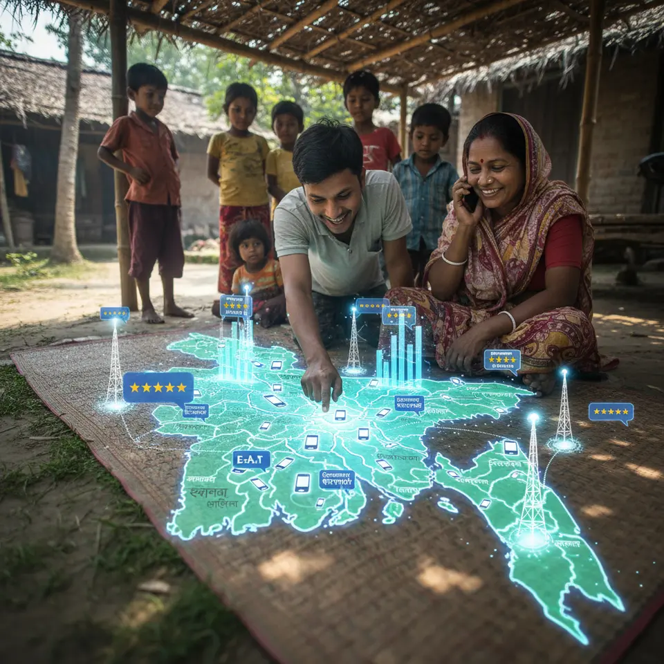 A dynamic digital ecosystem map of Bangladesh showing soaring mobile adoption and rural broadband expansion: vibrant smartphone icons covering urban and rural areas, mobile traffic bar graphs rising above Dhaka and Chittagong, speech bubbles with peer review stars and E-E-A-T badges, cultural dialect text snippets, and government network towers unlocking connectivity in villages.