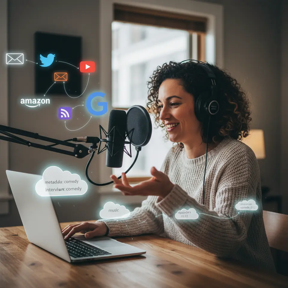 A vibrant illustration of audio-driven content creation and distribution: show a microphone and headphones next to a podcast host, floating MP3 soundbites tagged with metadata, icons for Alexa Skill and Google Action in the background, and social media/email icons indicating cross-promotion channels.